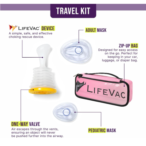 LifeVac Pink Travel Kit - Portable Suction Rescue Device, First Aid Kit for Kids and Adults, Portable Airway Suction Device for Children and Adults