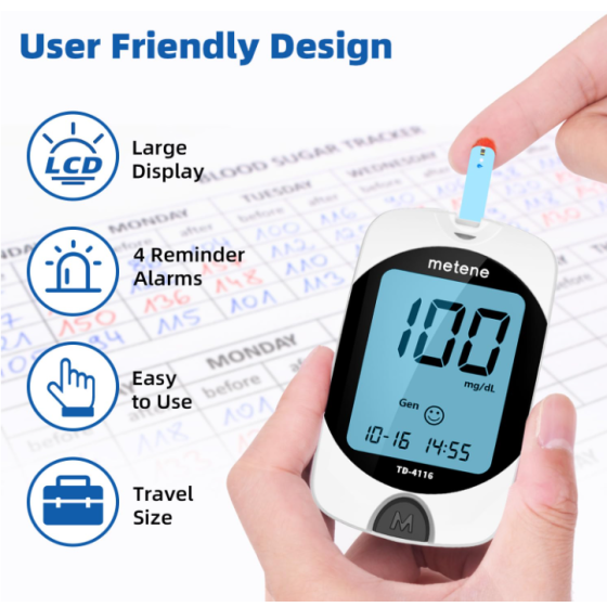 Metene TD-4116 Blood Glucose Monitor Kits, Blood Sugar Testing Kit, HSA/FSA 100 Test Strips + 100 Lancets + 1 Lancing Device + Control Solution, Large Display, Diabetes Testing for Home & Personal Use